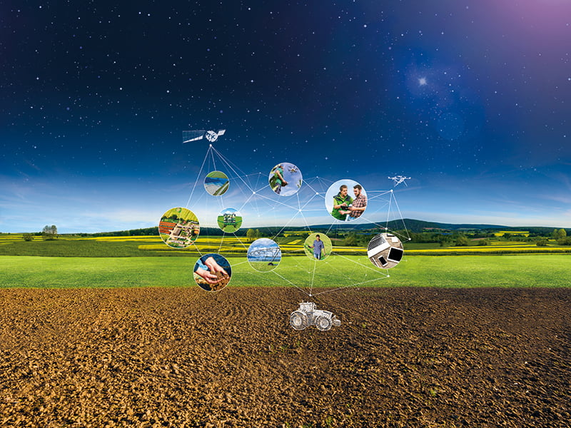 Illustration der NEXT Farming Produkte in einem Netz auf einem Feld.